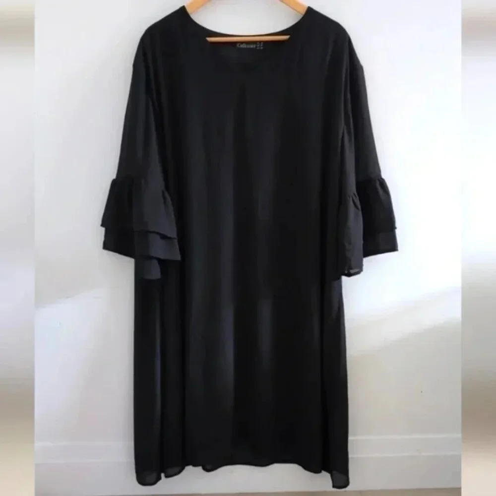 CELKUSER | Women's Black Lined V-Neck 3/4 Length Tiered Ruffle Sleeve Midi Dress